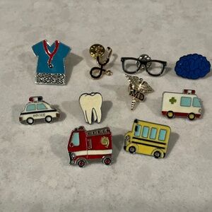 10 tac pins, FIRE, SCHOOL, AMBULANCE, POLICE, MD, TOOTH, BRAIN, SCRUBS, GLASSES